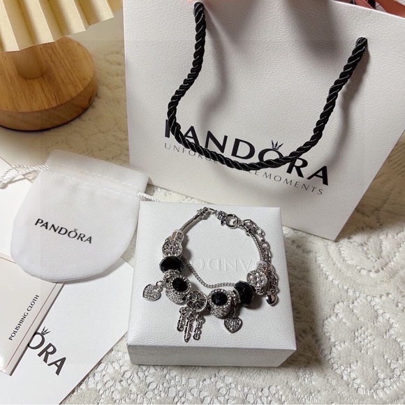 Pandora Jewelry - Pandora Silver Bracelet with Black Heart Charms